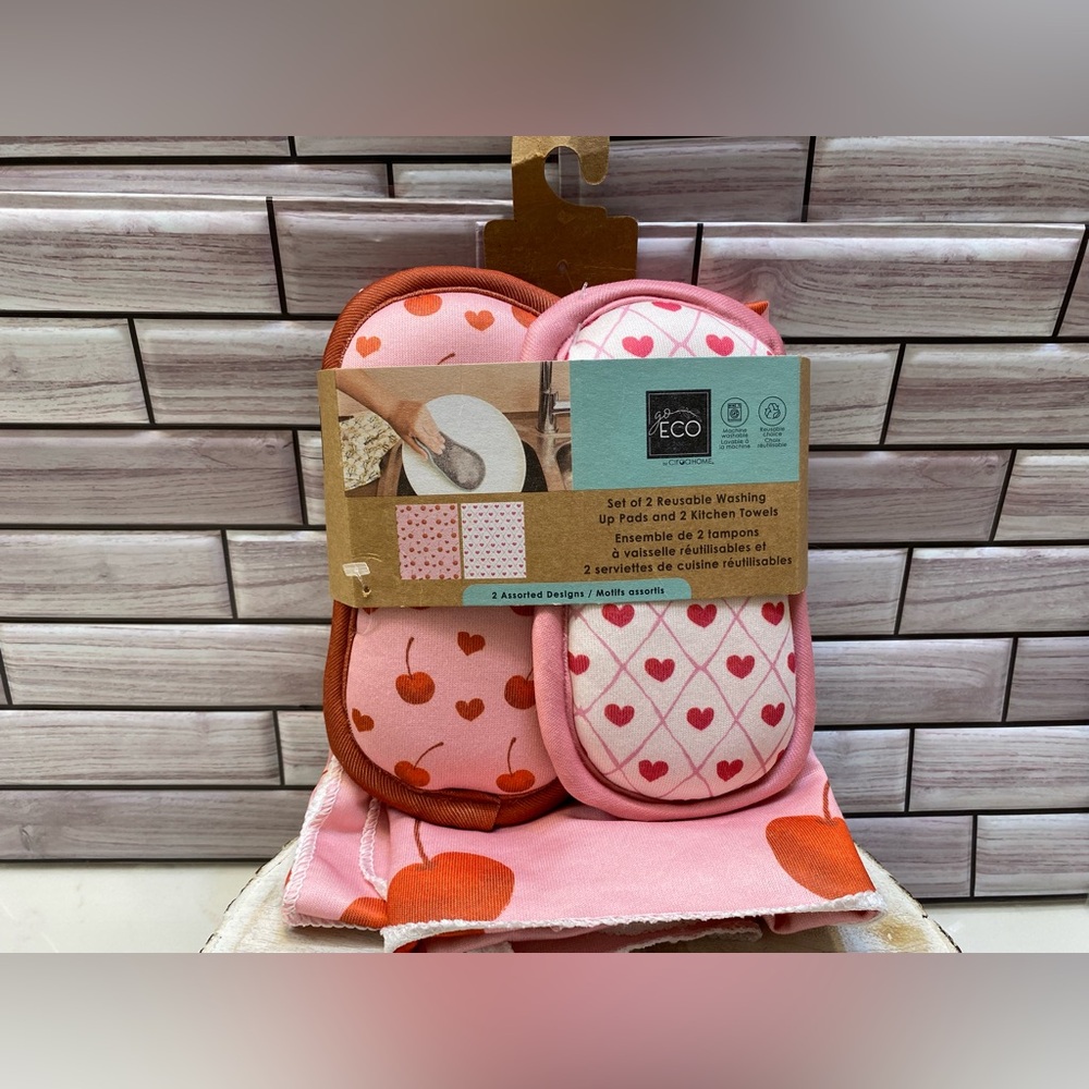 Ciroa 🍒🩷Go Eco (2) Reusable washing up Pads and (2)  cherry kitchen towels NWT